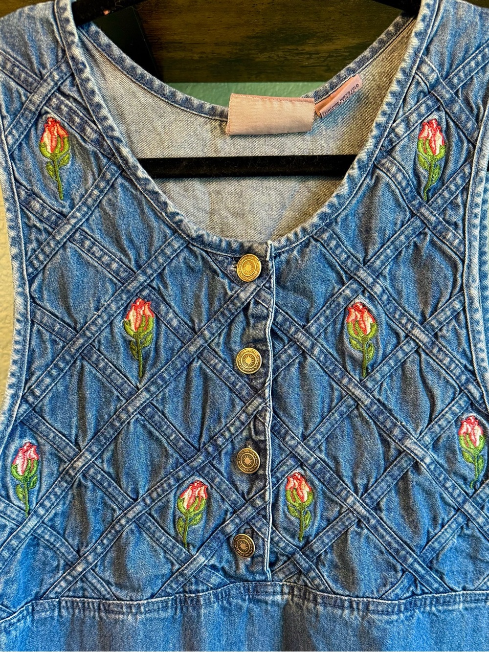 Vintage Embroidered Denim Midi Dress 90s Butter Mom Prairie Cottagecore Dress